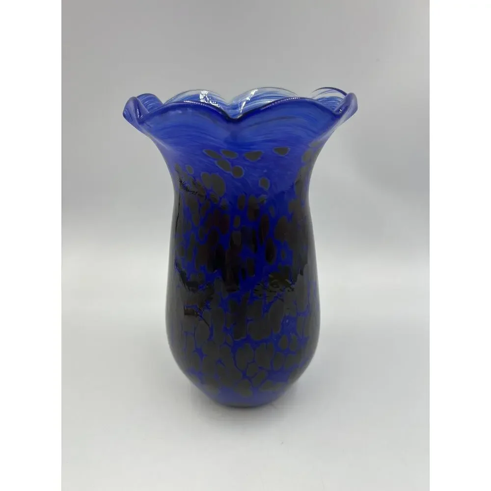 Handblown Art‎ Glass Vase Blue Signed Ruffled